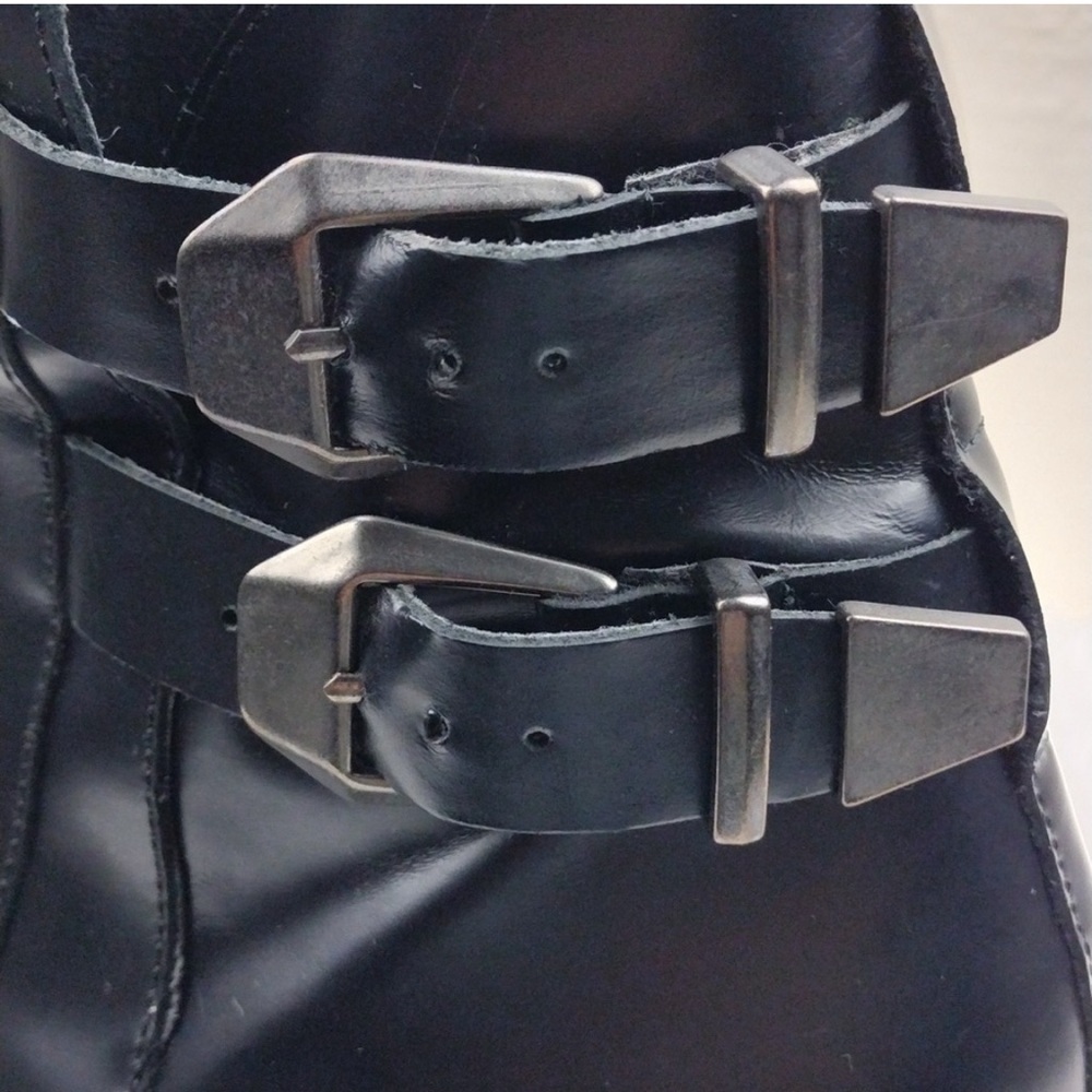 Zara Trafaluc Black Leather Two Buckle Pointed-Toe Blocked Heel Moto Ankle Boot - Picture 12 of 13